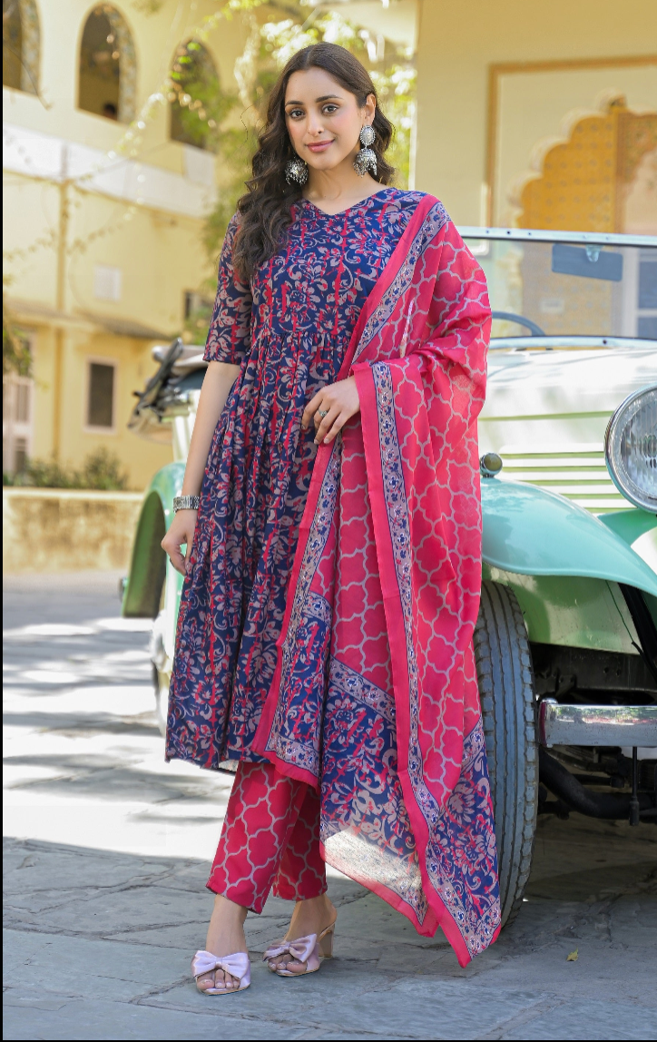 Navy Blue Anarkali Kurta And Pant Set With Dupatta