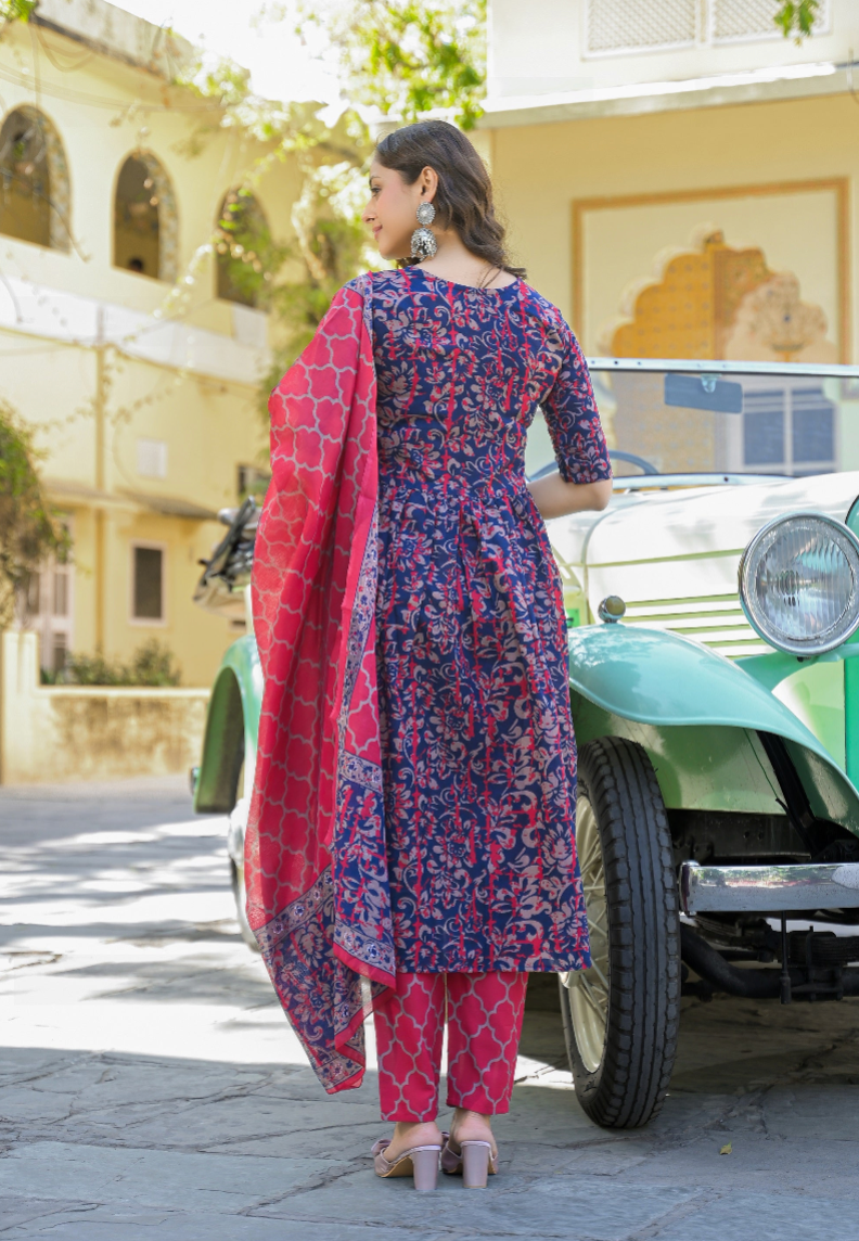 Navy Blue Anarkali Kurta And Pant Set With Dupatta