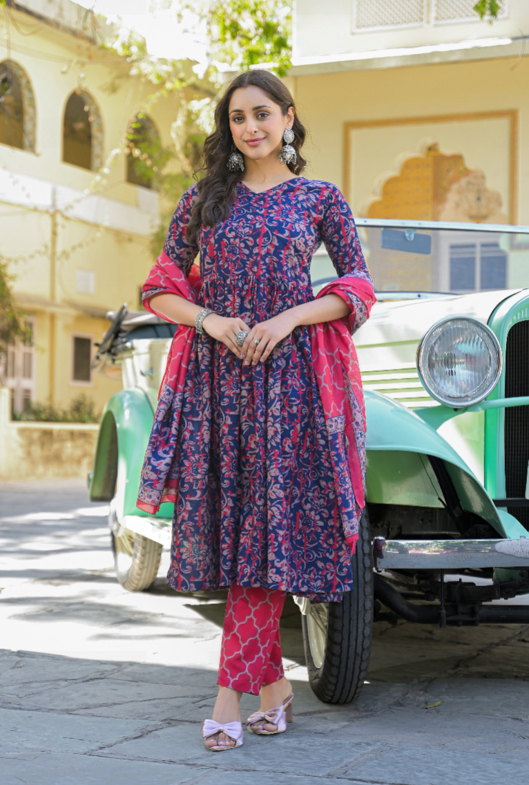 Navy Blue Anarkali Kurta And Pant Set With Dupatta